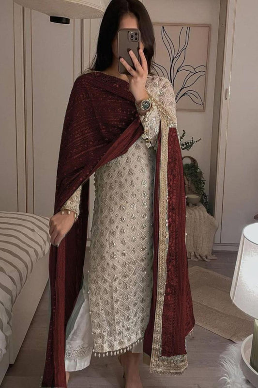 Pure Faux Georgette Top & Dupatta Set With Pant Maroon