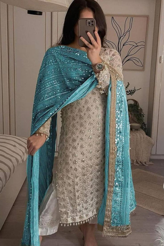 Pure Faux Georgette Top & Dupatta Set With Pant Sky Blue