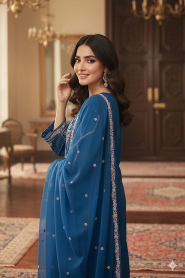 03-Piece Lawn Embroidered Suit Blue Ready to Wear