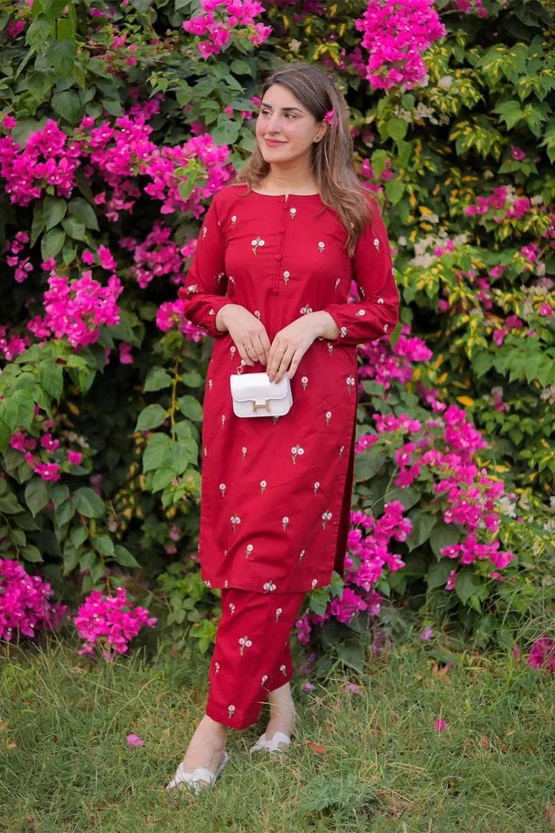 Red Rose Lawn 2PC Embroidered With Trouser Embroidered
