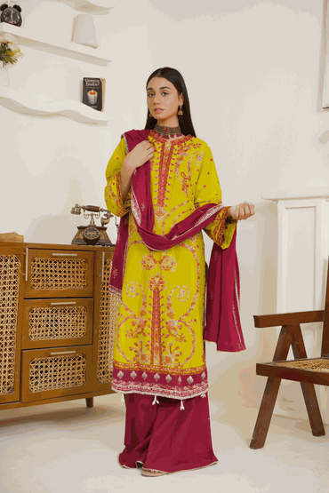 Vibrant Lime Yellow & Maroon Embroidered Lawn 3-Piece Suit
