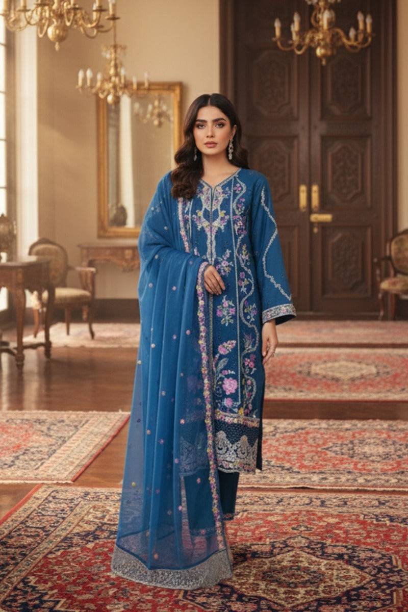 Blue lawn embroidered suit with shirt, trouser, and net dupatta in elegant floral design
