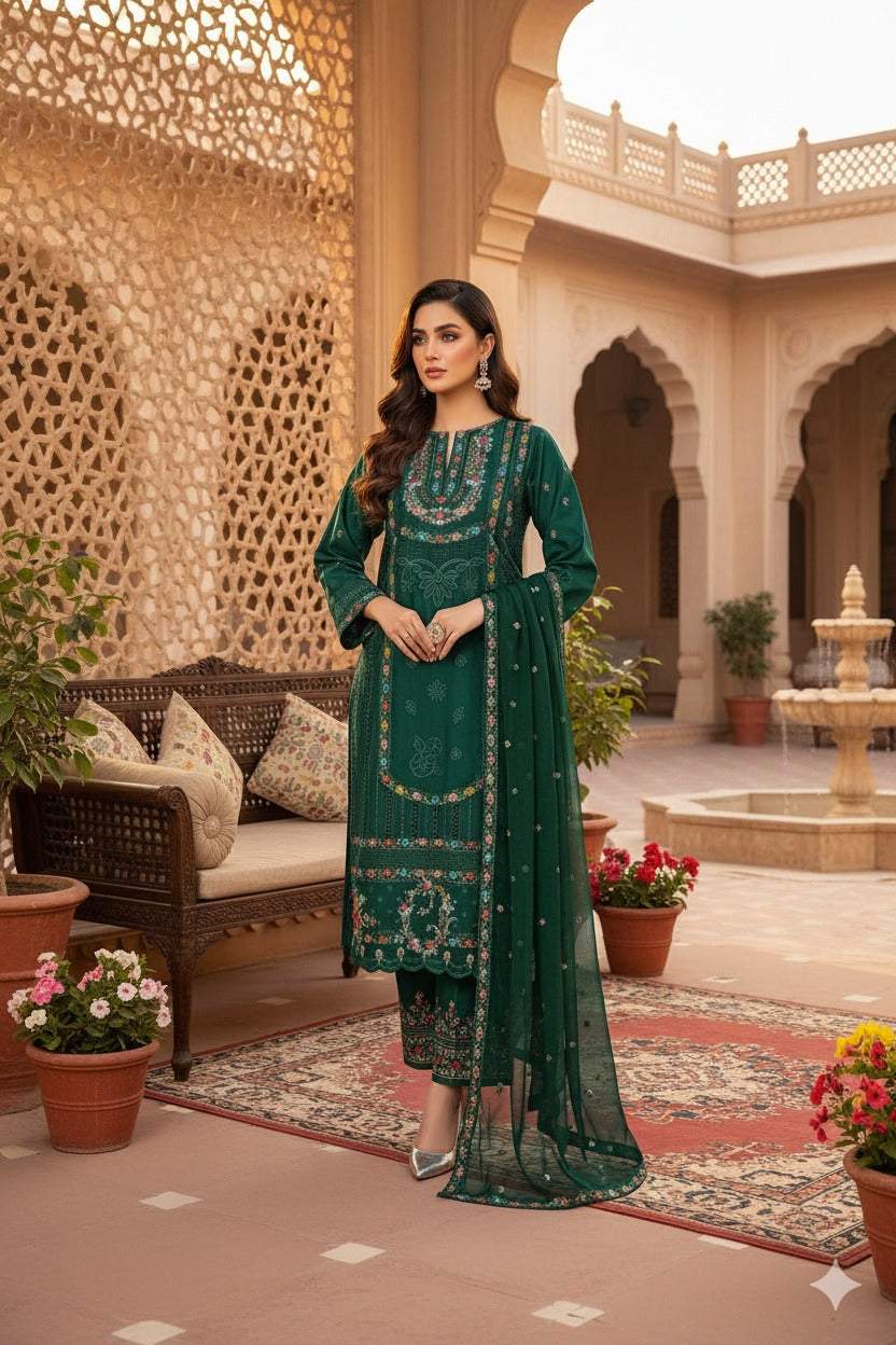 Woman wearing green 3-piece lawn embroidered suit with matching dupatta in traditional courtyard setting