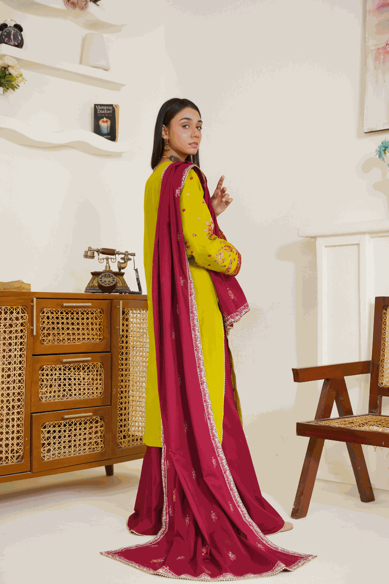Vibrant Lime Yellow & Maroon Embroidered Lawn 3-Piece Suit