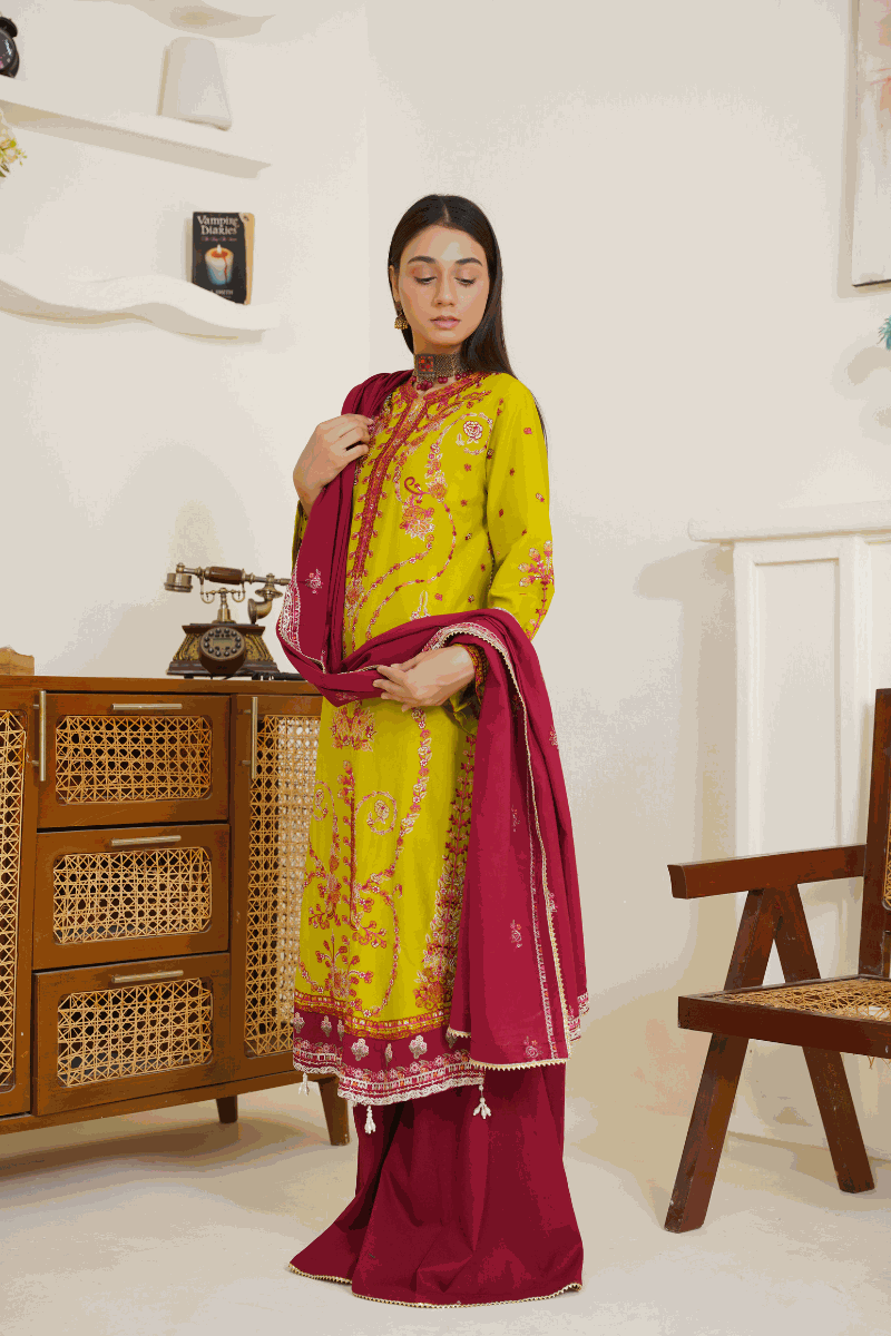 Vibrant Lime Yellow & Maroon Embroidered Lawn 3-Piece Suit