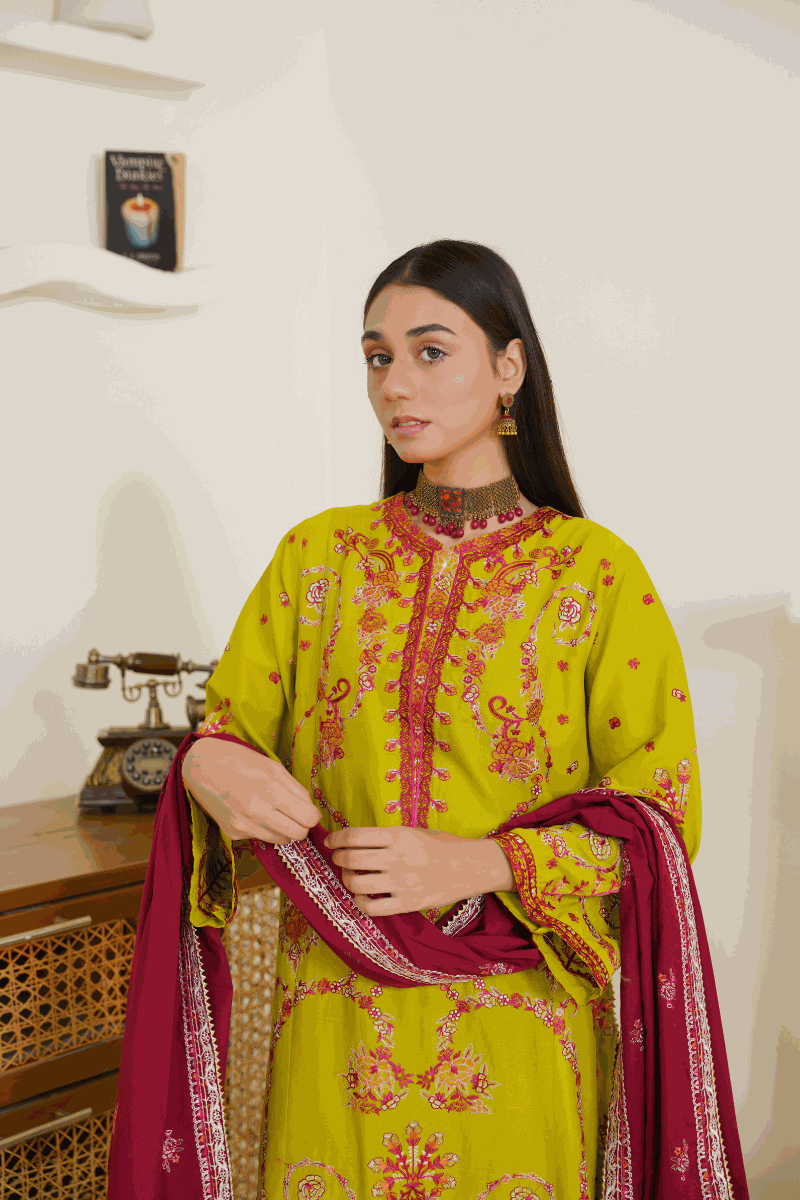 Vibrant Lime Yellow & Maroon Embroidered Lawn 3-Piece Suit