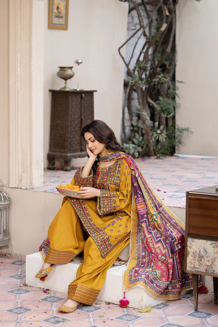 3 PC Honey Gold Luxury Embroidered Lawn Suit