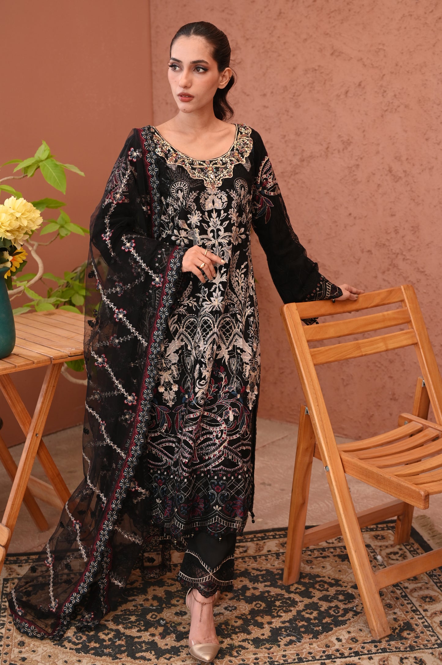 3 - Piece  Black Luxury Heavily Embroidered Lawn Suit