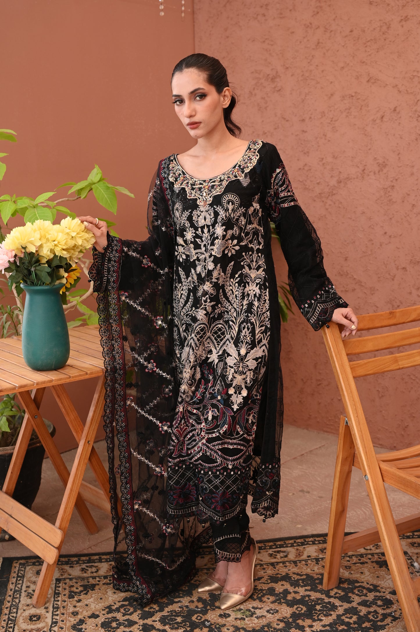 3 - Piece  Black Luxury Heavily Embroidered Lawn Suit