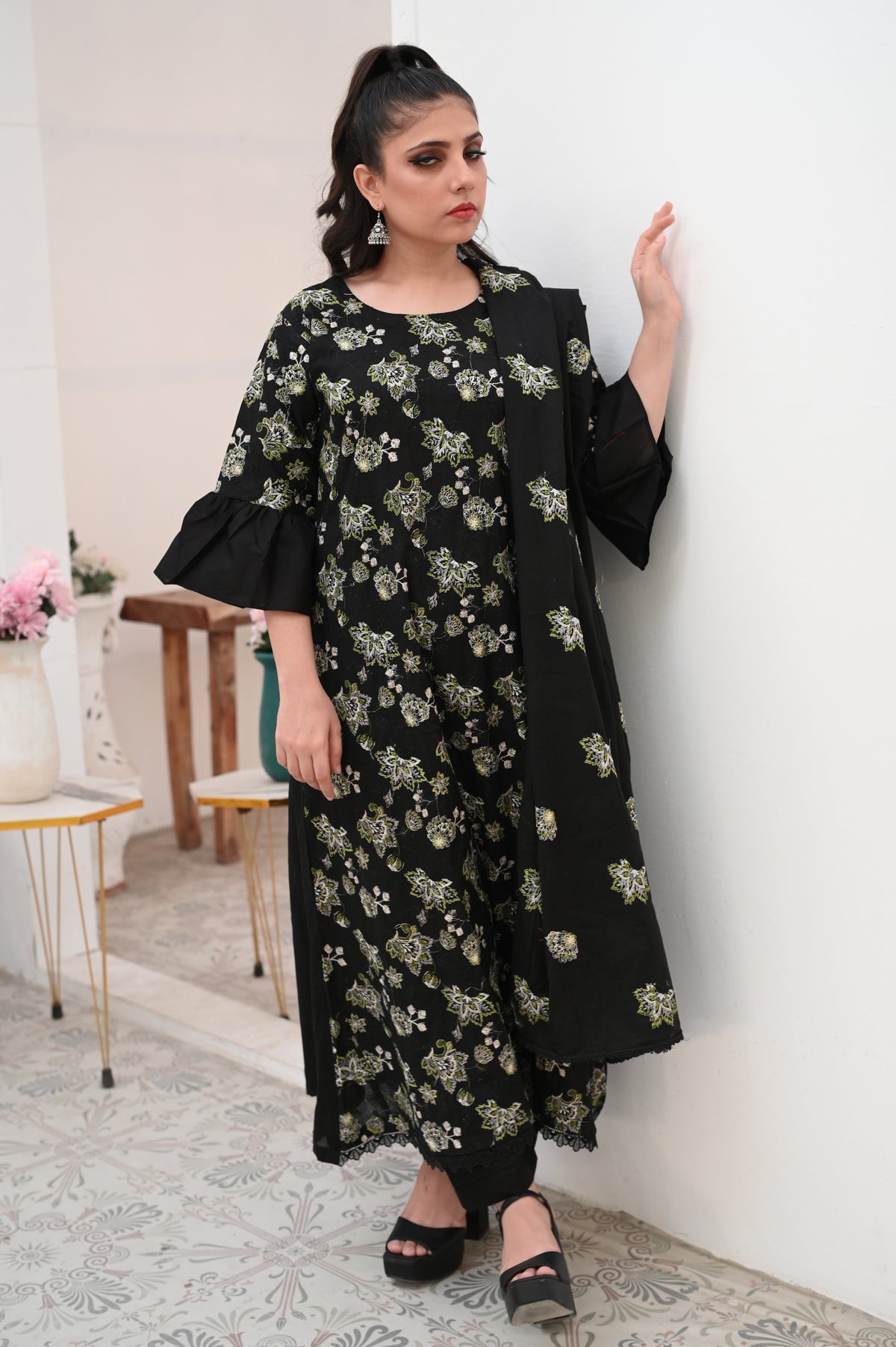 Black Floral Embroidered 3-Piece Lawn Suit