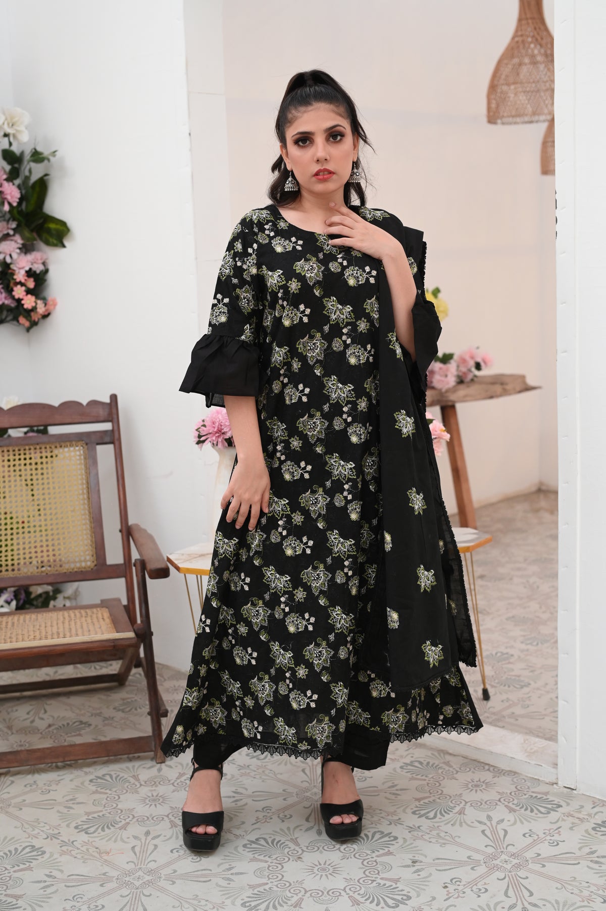 Black Floral Embroidered 3-Piece Lawn Suit