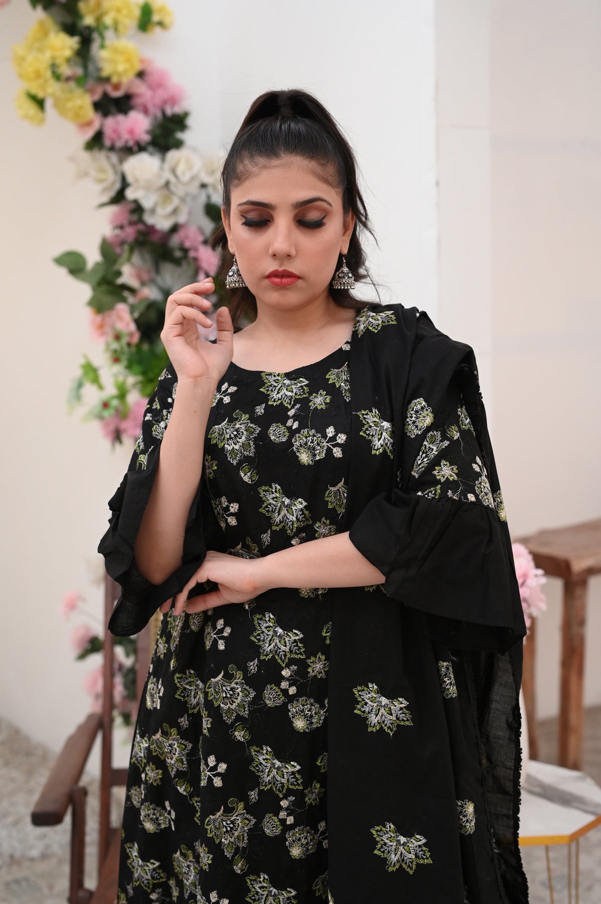 Black Floral Embroidered 3-Piece Lawn Suit