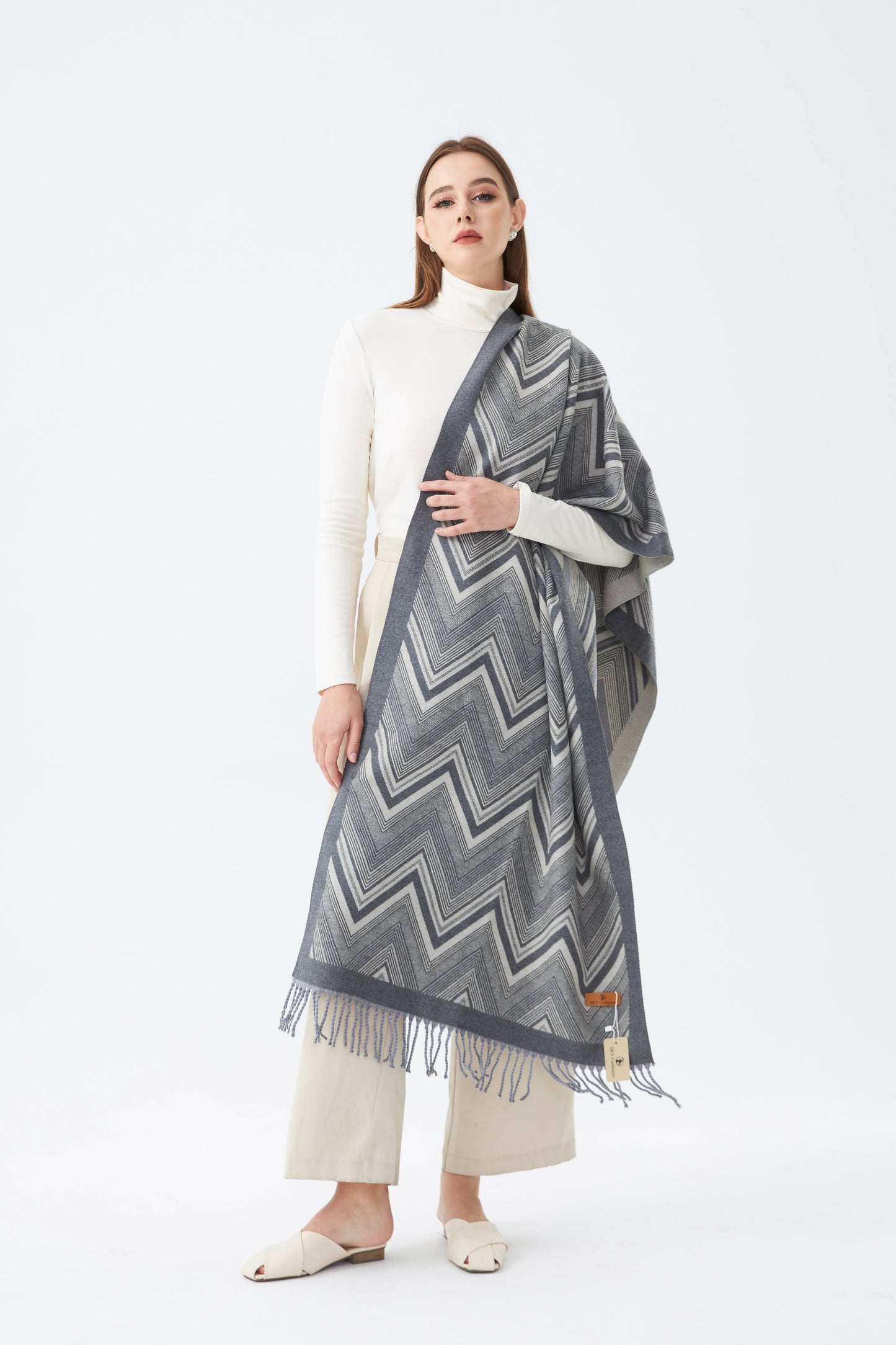 Sky Cashmere Wool Scarf Chevron Pattern with Tassels