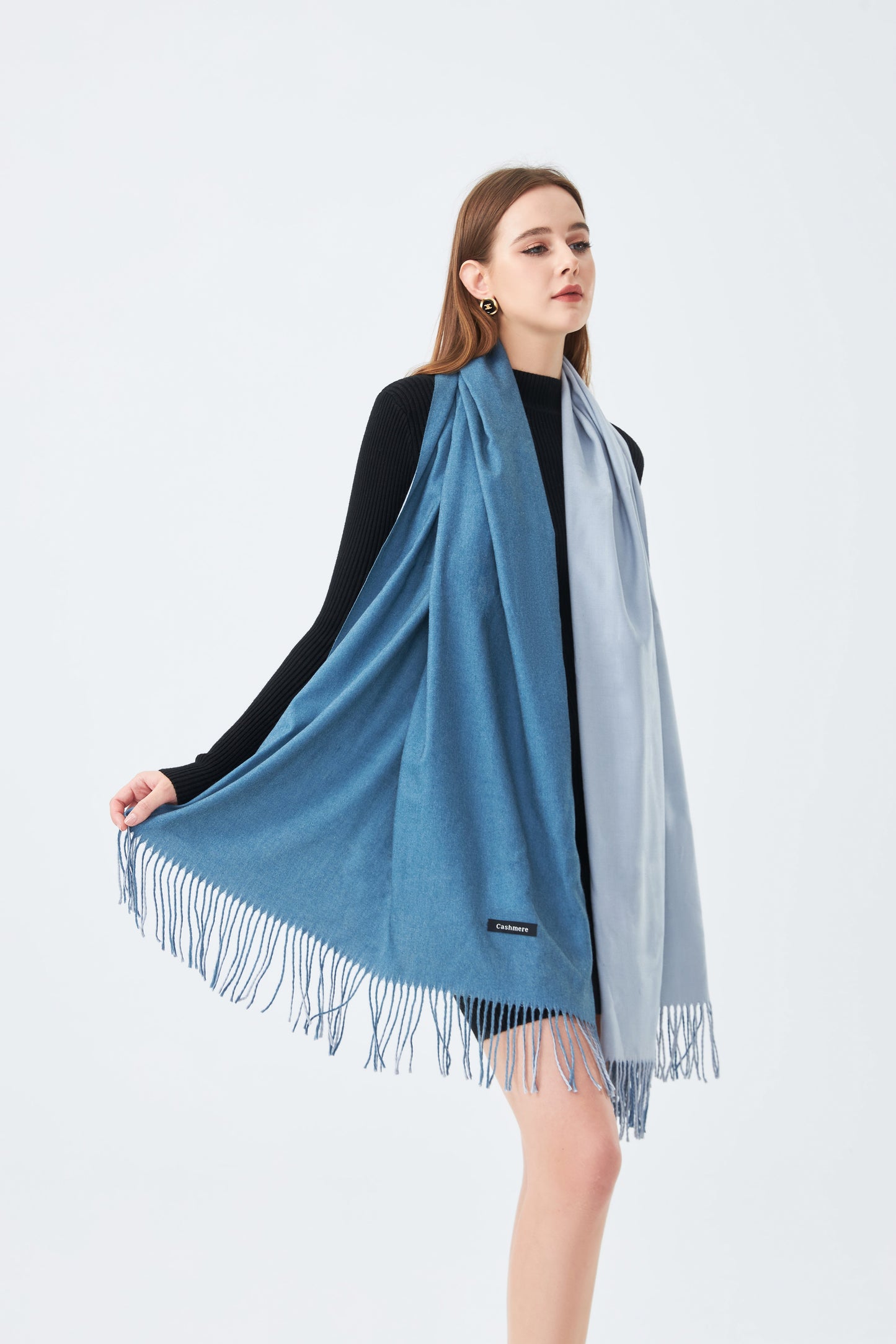 Sky Cashmere Two Tone Reversible Scarf with Tassels