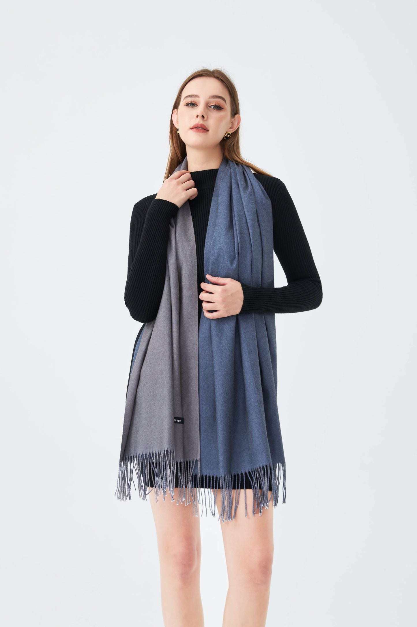 Sky Cashmere Two Tone Reversible Scarf with Tassels