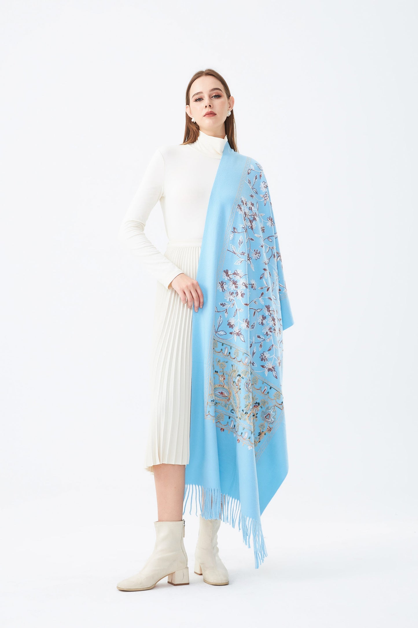 Sky Cashmere Wool Embroidered Scarf with Tassels