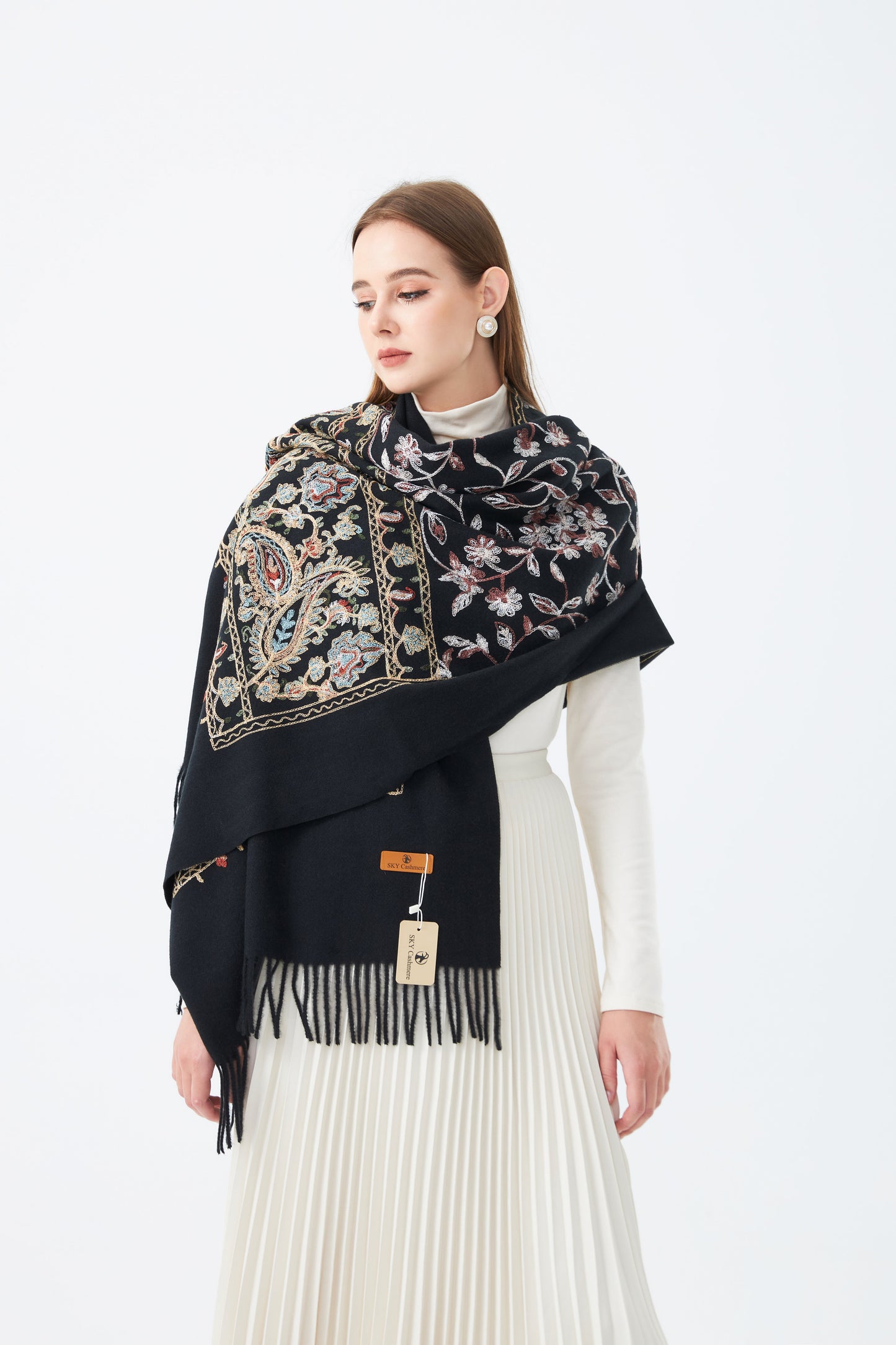 Sky Cashmere Wool Embroidered Scarf with Tassels