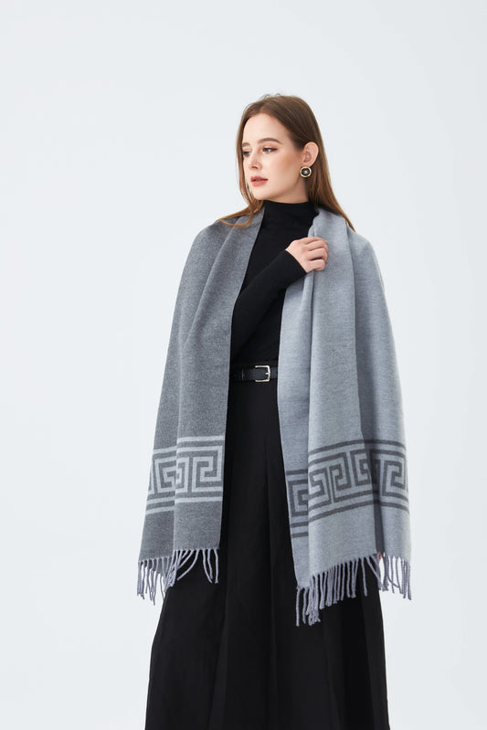 Sky Cashmere Wool Scarf Greek Key Pattern