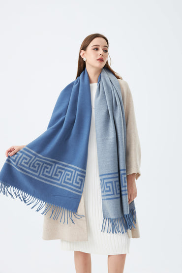 Sky Cashmere Wool Scarf Greek Key Pattern