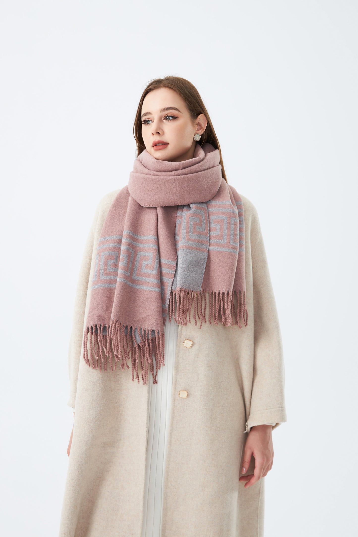 Sky Cashmere Wool Scarf Greek Key Pattern