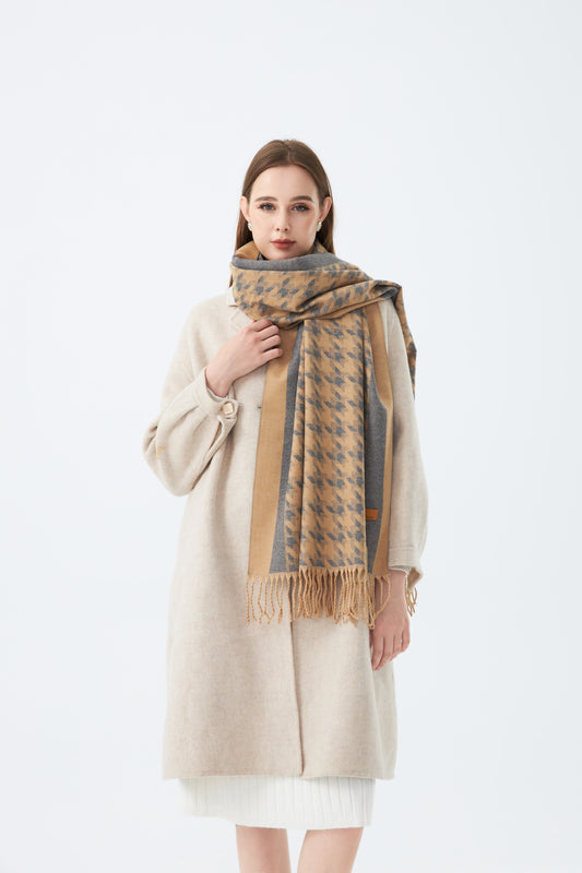 Sky Cashmere Wool Scarf Houndstooth Pattern