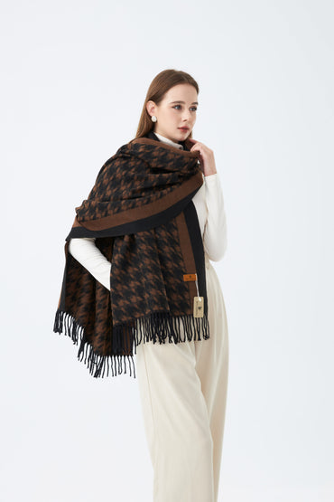 Sky Cashmere Wool Scarf Houndstooth Pattern