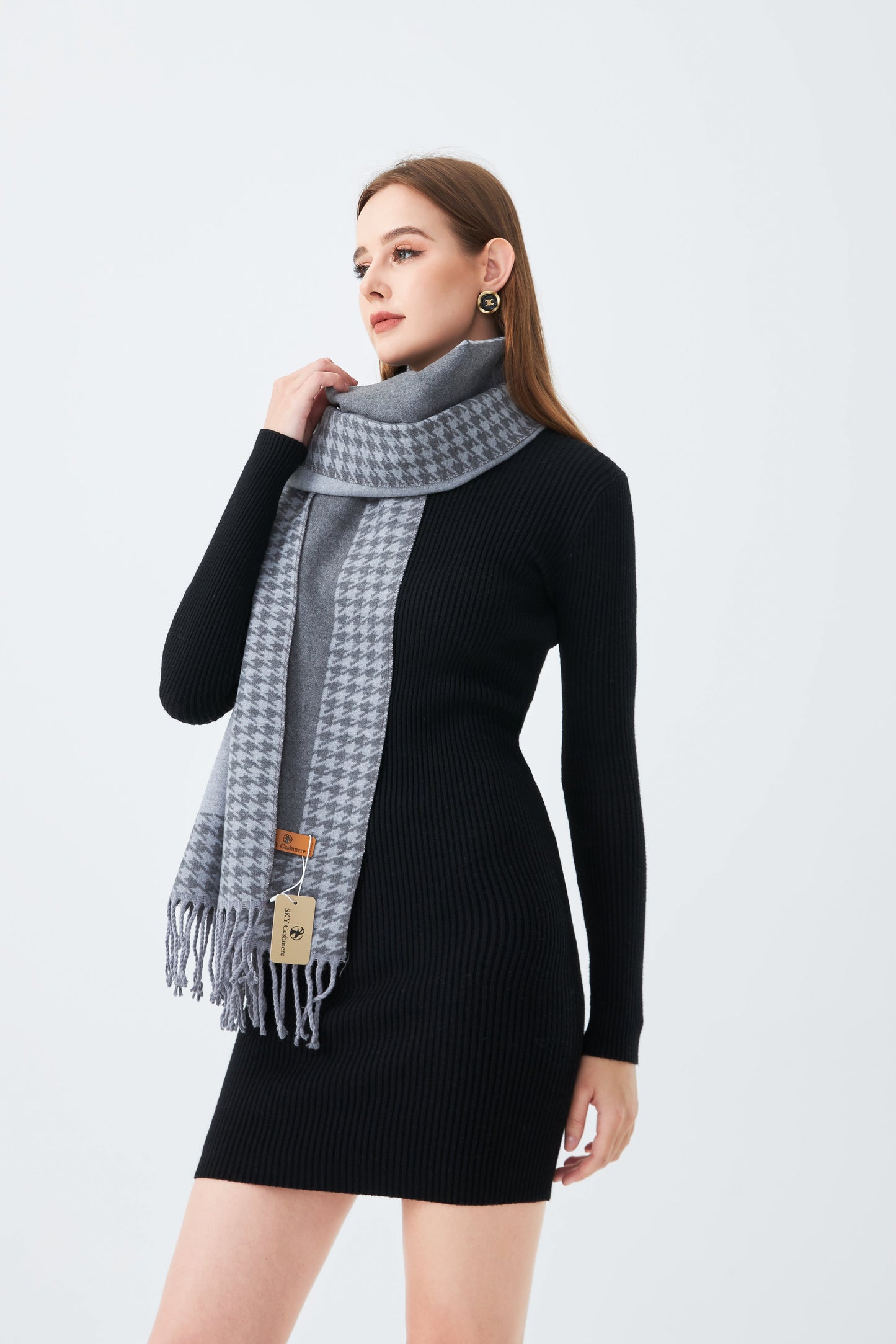 Sky Cashmere Wool Scarf Houndstooth Pattern