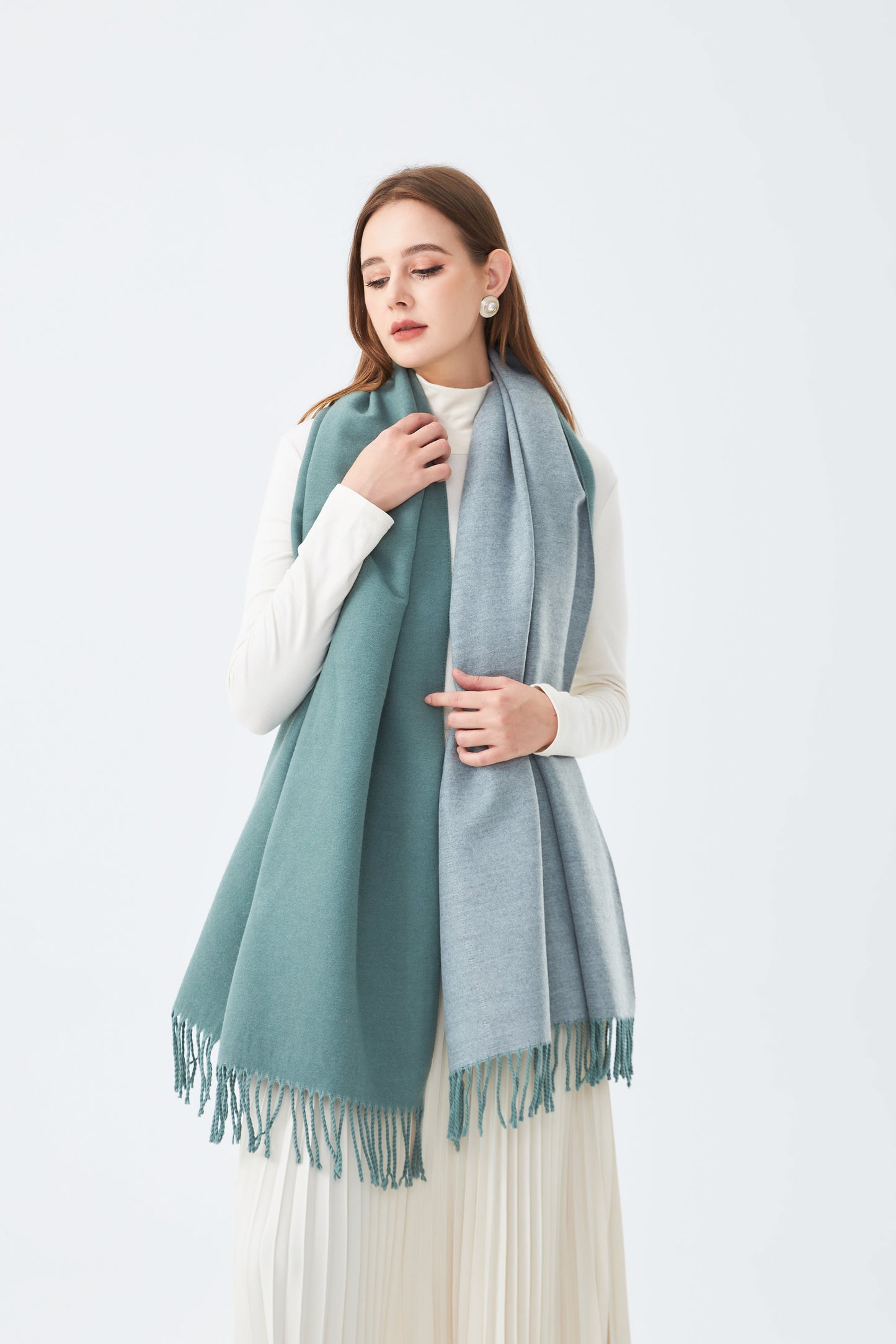 Sky Cashmere Wool Thick Shawl Reversible with Tassels