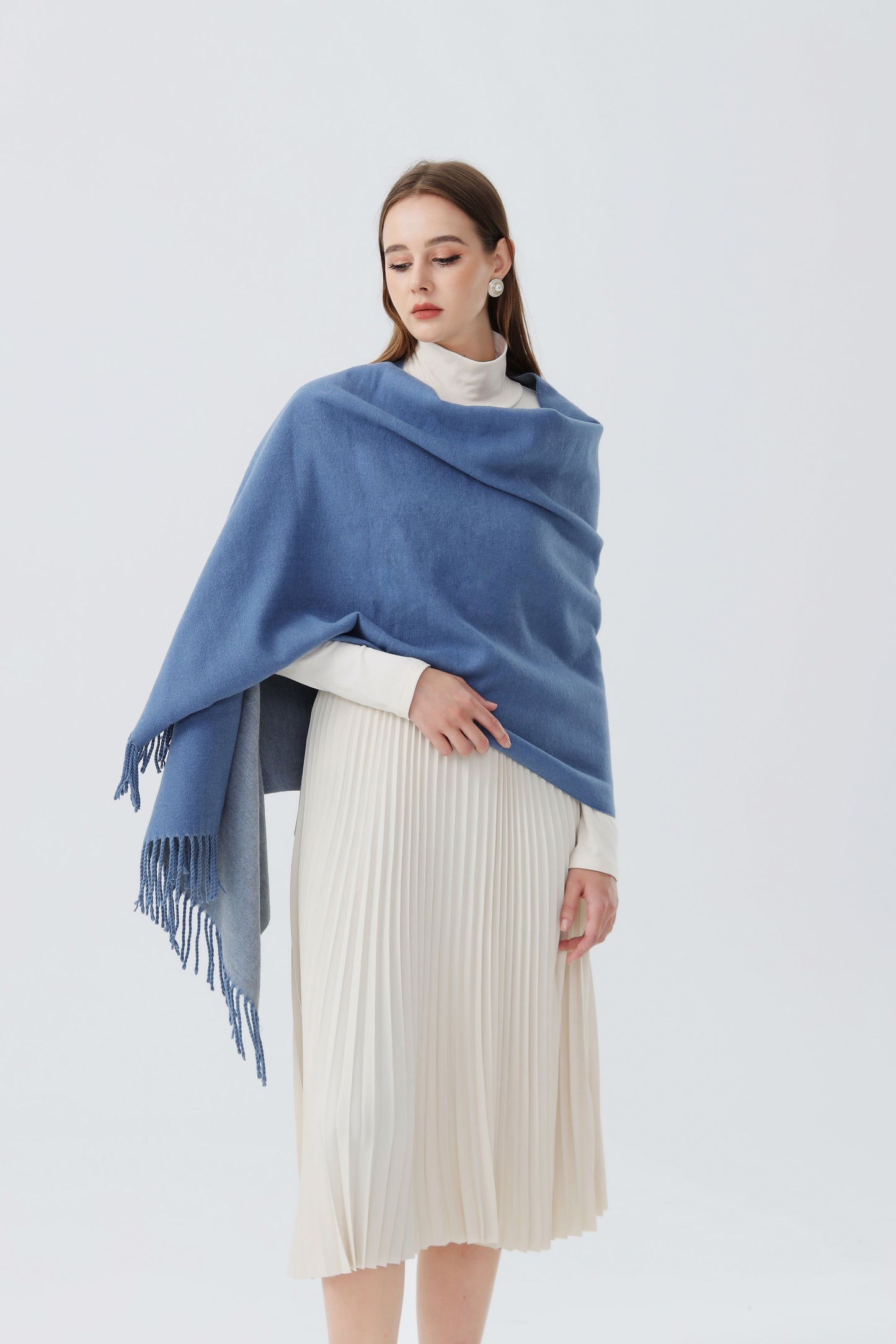 Sky Cashmere Wool Thick Shawl Reversible with Tassels