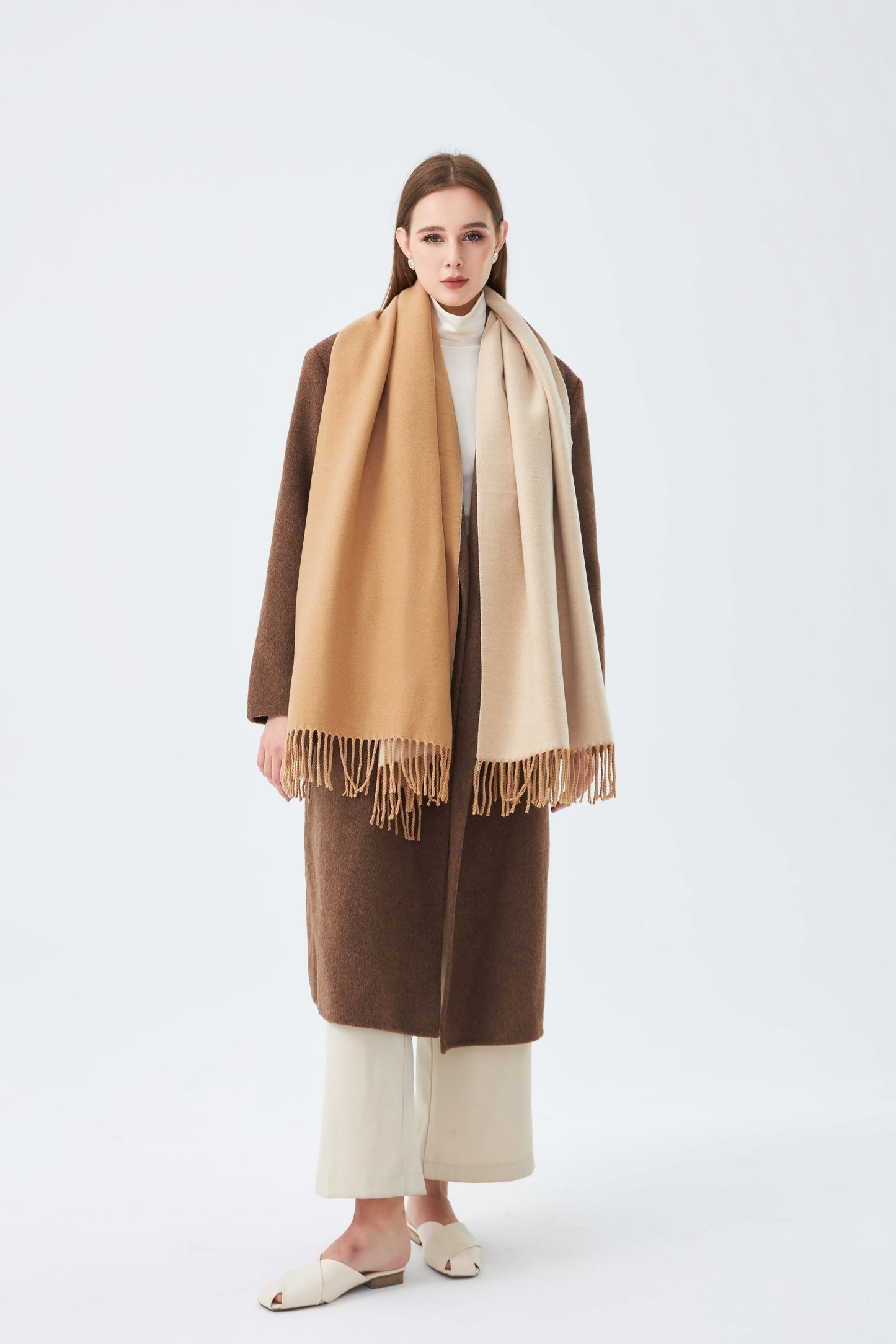 Sky Cashmere Wool Thick Shawl Reversible with Tassels