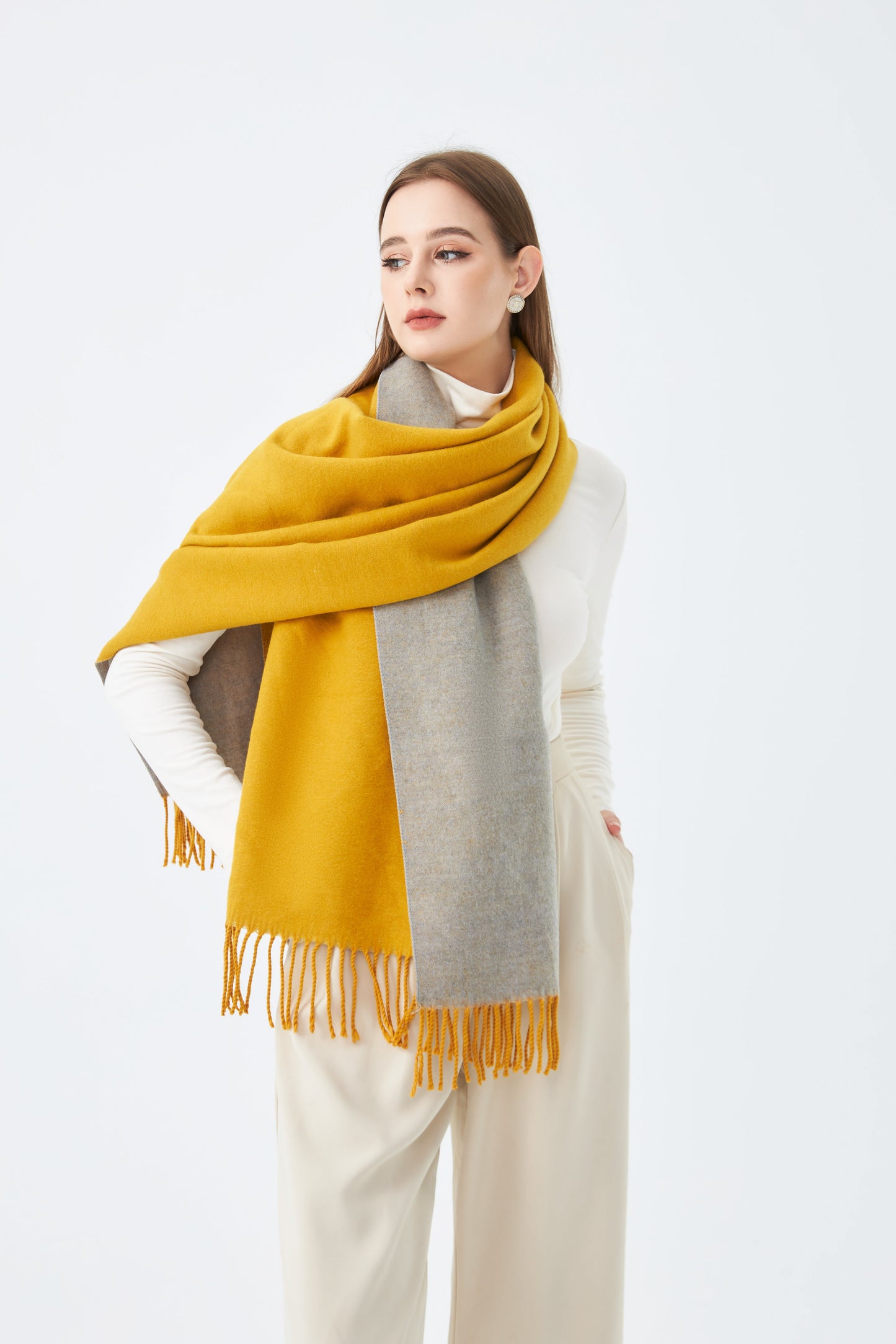 Sky Cashmere Wool Thick Shawl Reversible with Tassels