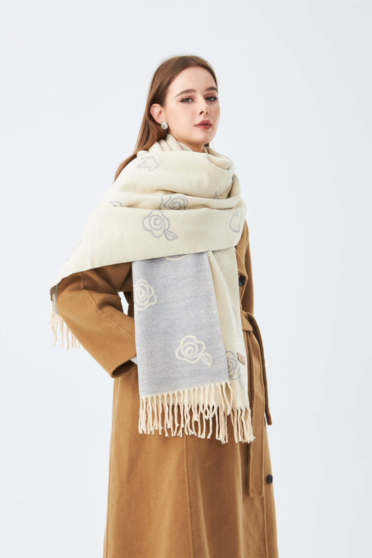 Sky Cashmere Wool Scarf Rose Pattern Scarf with Tassels