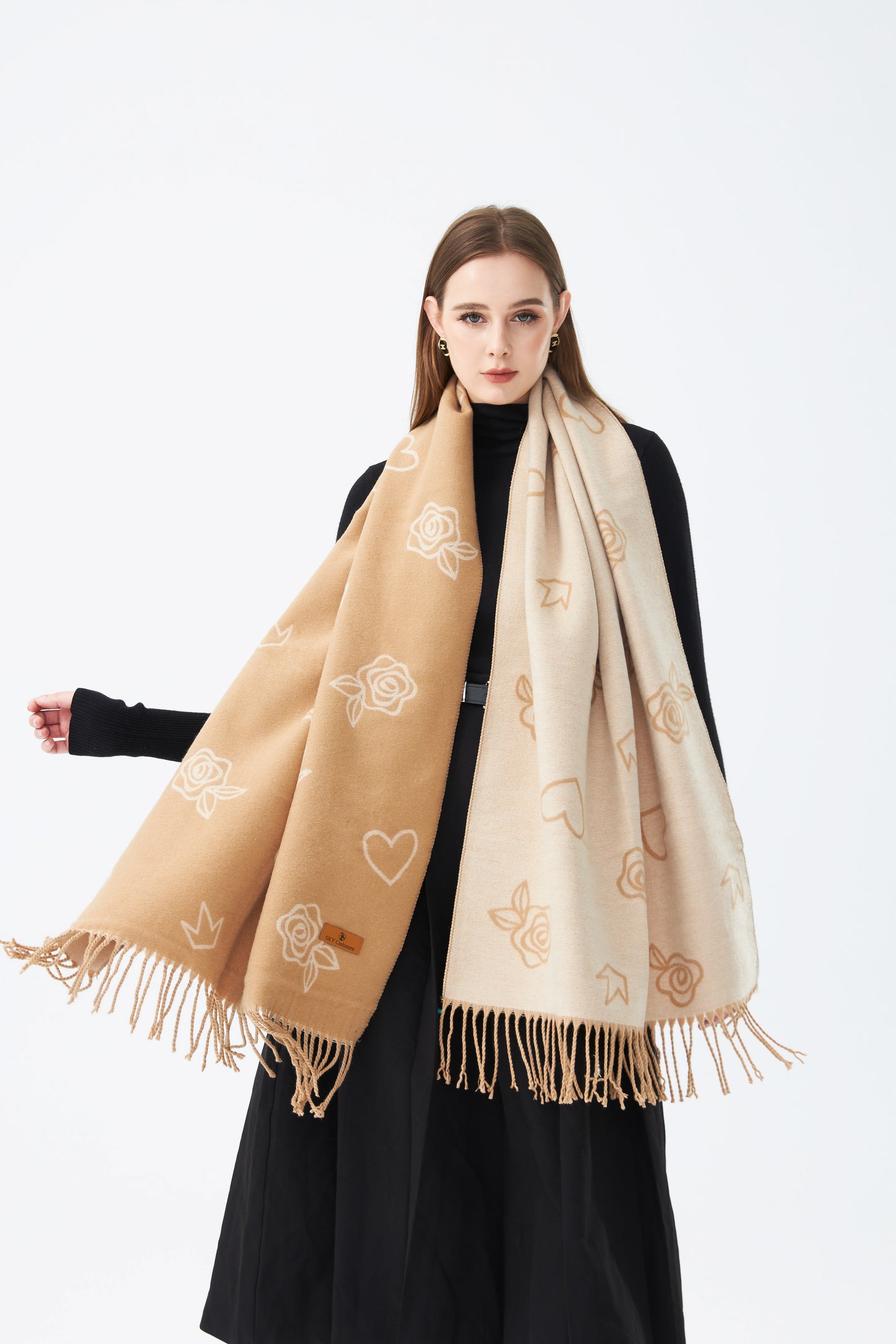 Sky Cashmere Wool Scarf Rose Pattern Scarf with Tassels