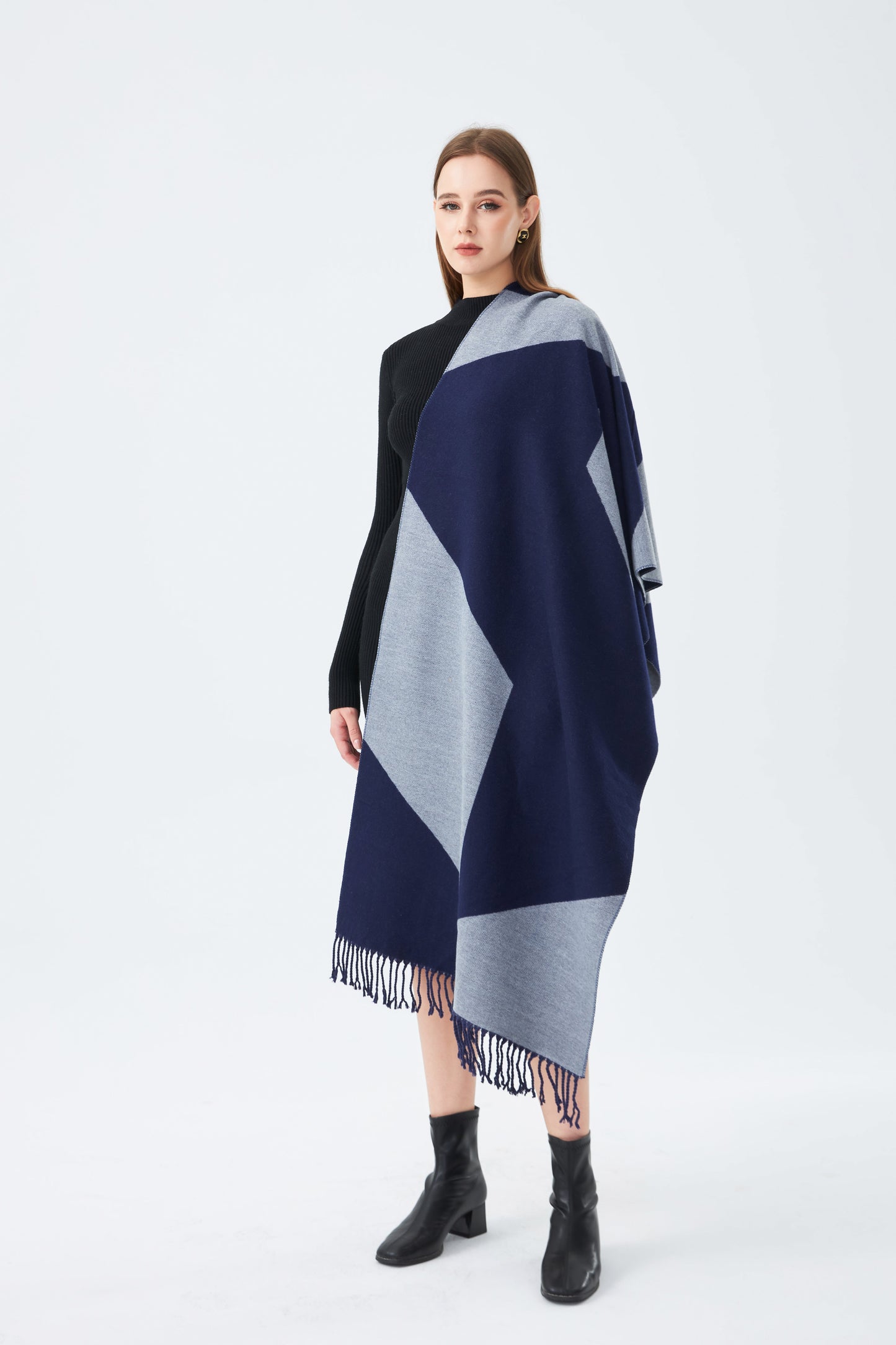 Sky Cashmere Reversible Shawl Stripe Design with Tassels