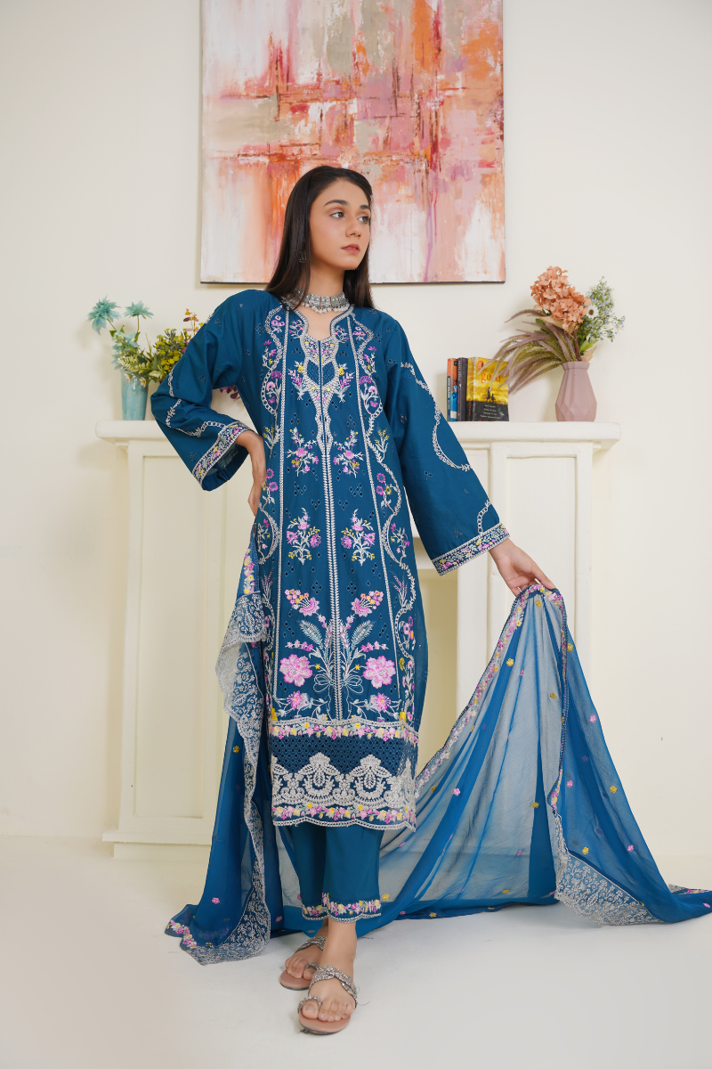 03-Piece Lawn Embroidered Suit Blue Ready to Wear