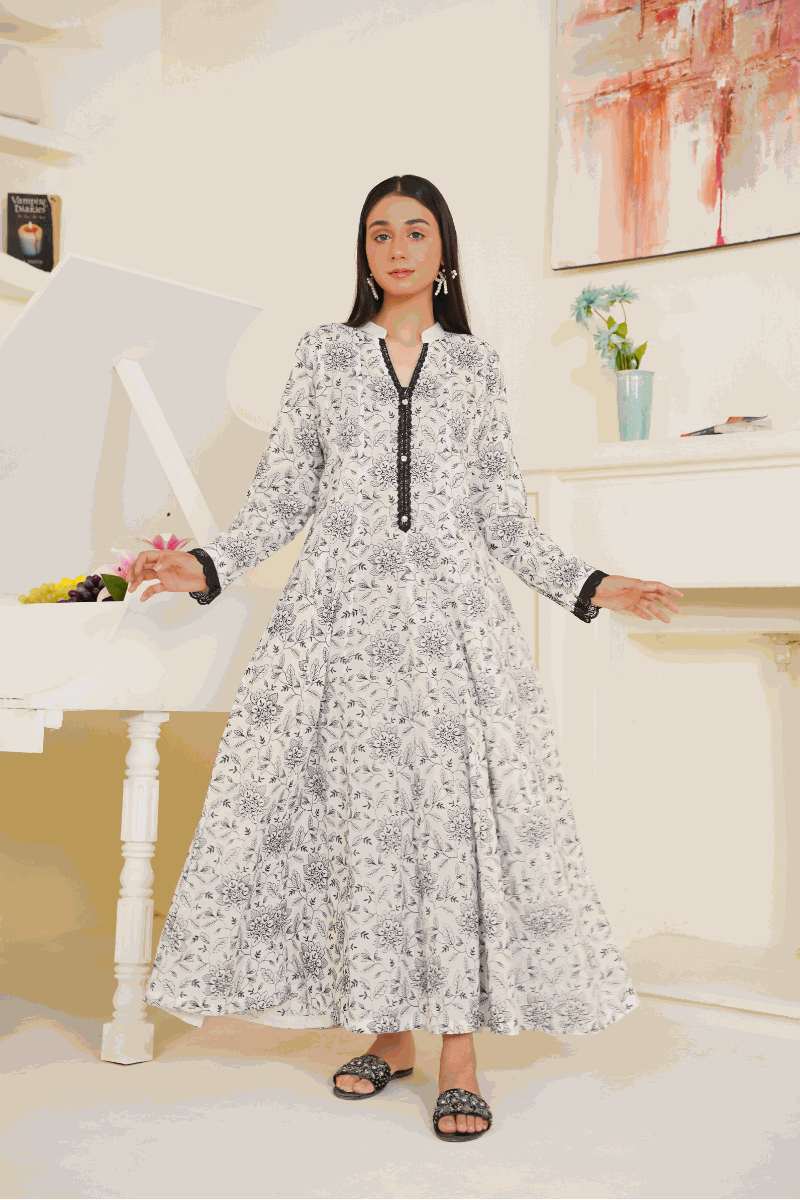 02-Piece Ready to Wear Embroidered Lawn Anarkali Gown