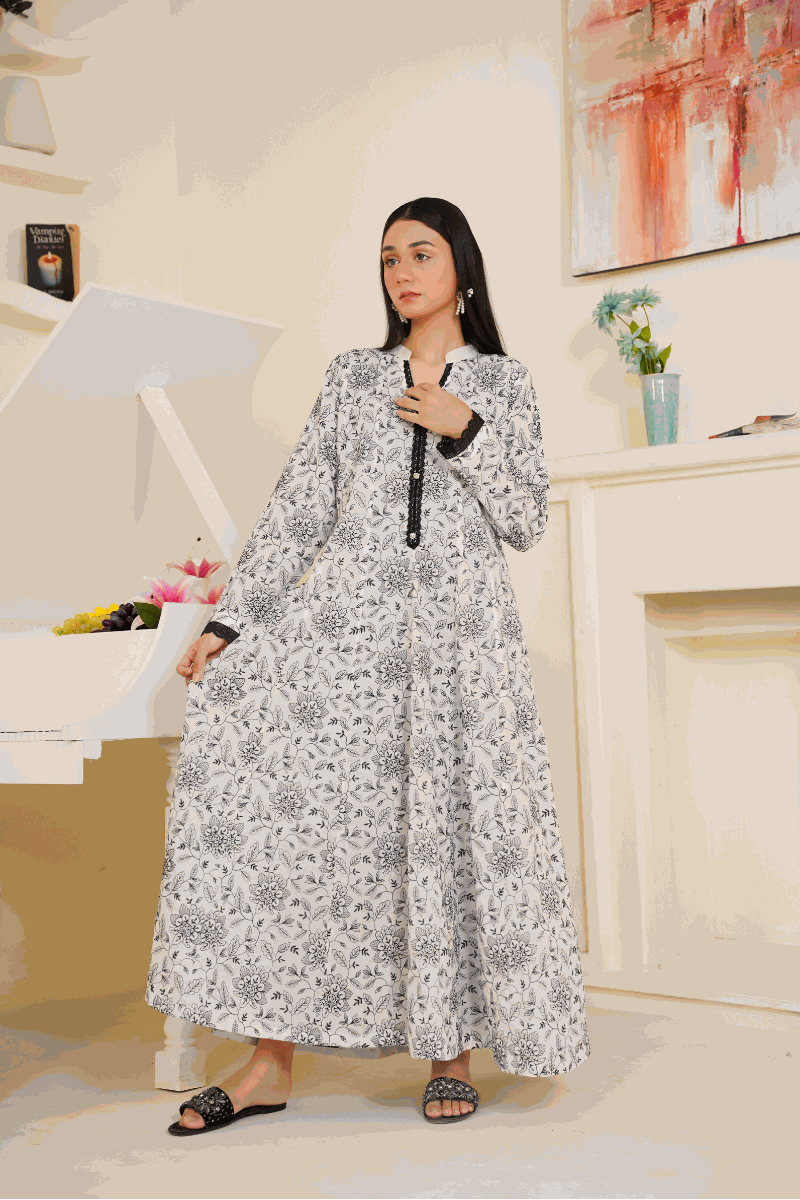 02-Piece Ready to Wear embroidered lawn Anarkali gown with lawn trouser and net dupatta