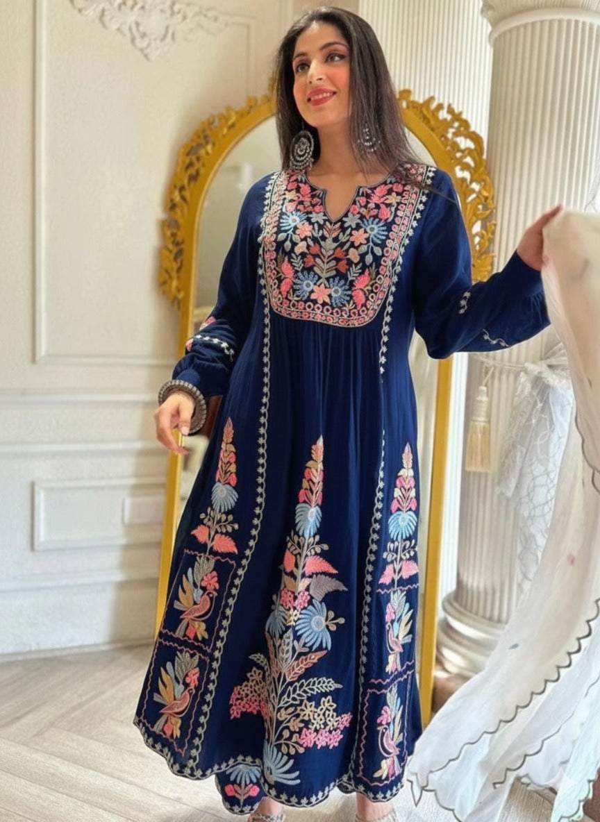 Indian Pakistani Ready to Wear Embroidered Frock 3 Pc Suit for Elegant Style Sky Cashmere UAE Indian Pakistani Ready to Wear Embroidered Frock 3 Pc Suit for Elegant Style Sky Cashmere UAE