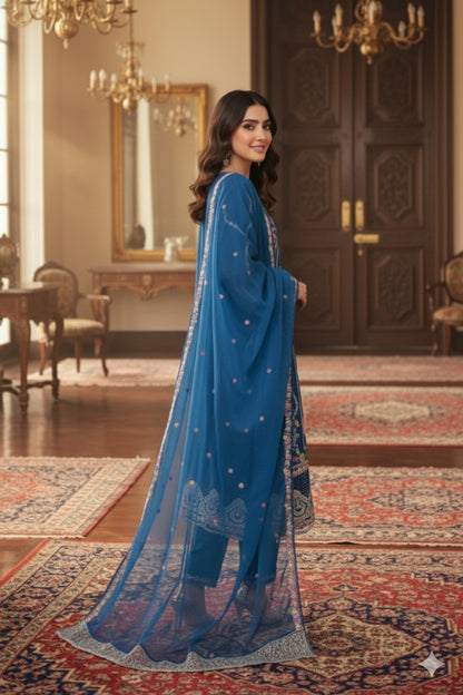 03-Piece Lawn Embroidered Suit Blue Ready to Wear