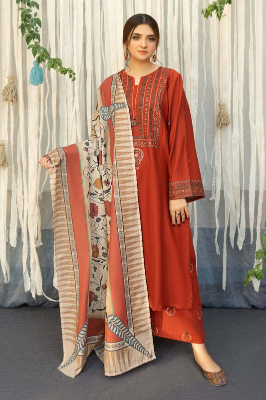 3-Piece Embroidered Pakistani Lawn Orange Dhanak Marina Suit with Shawl