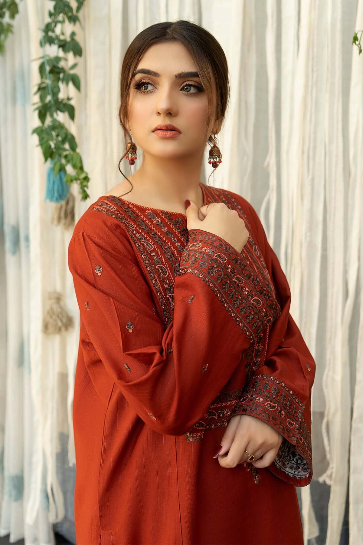 3-Piece Embroidered Pakistani Lawn Orange Dhanak Marina Suit with Shawl