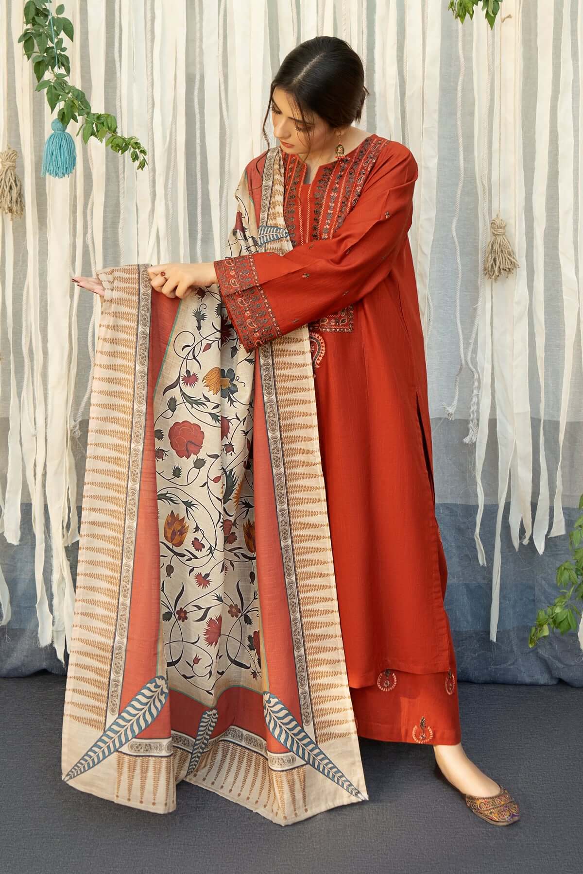 3-Piece Embroidered Pakistani Lawn Orange Dhanak Marina Suit with Shawl