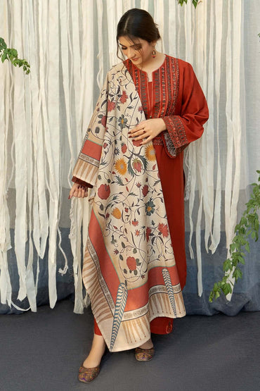 3-Piece Embroidered Pakistani Lawn Orange Dhanak Marina Suit with Shawl