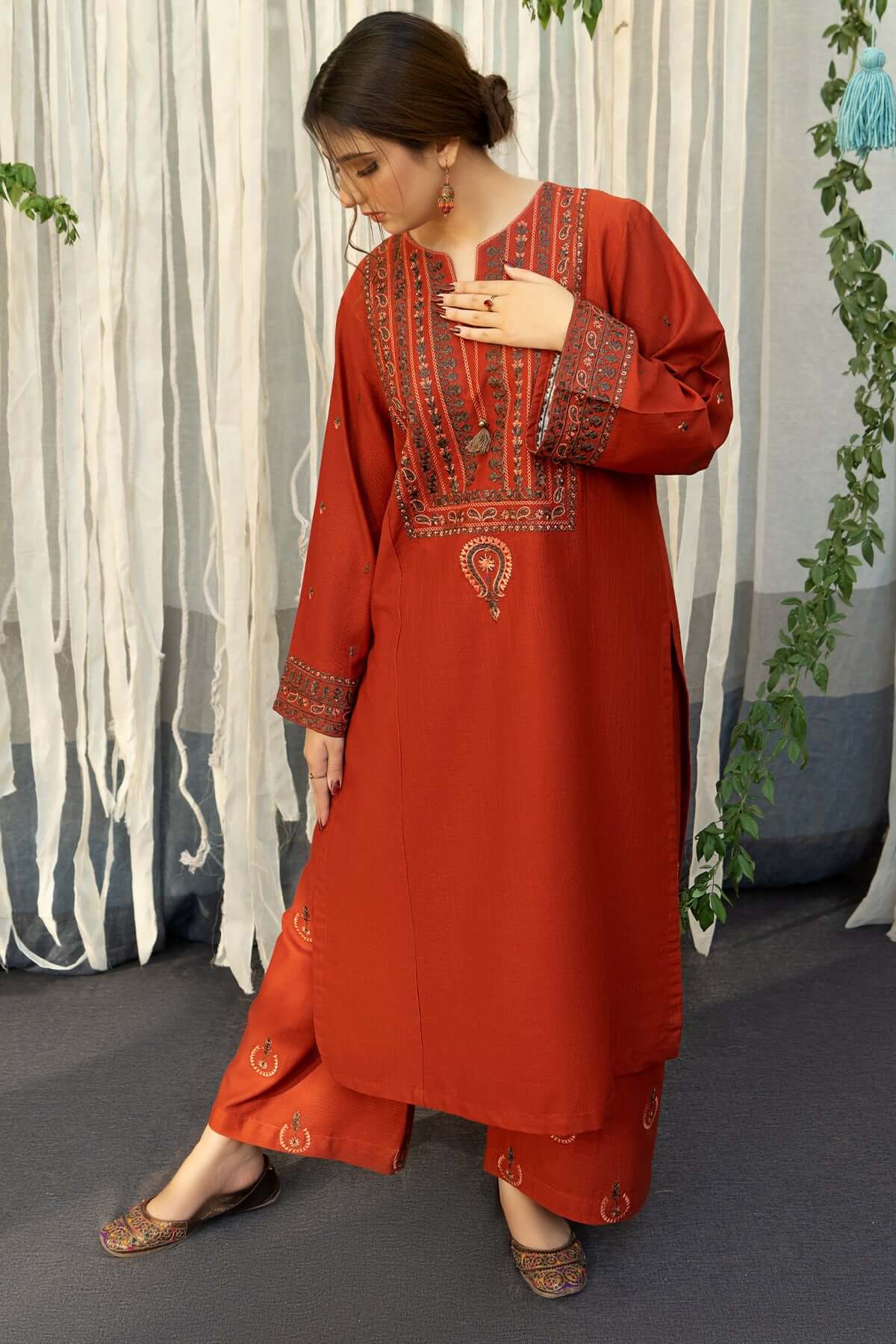 3-Piece Embroidered Pakistani Lawn Orange Dhanak Marina Suit with Shawl